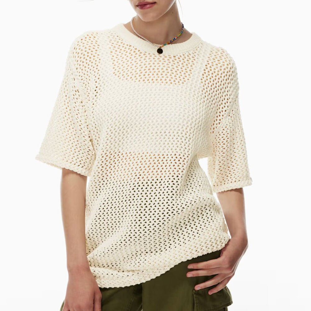 Aritzia TNA Ponderosa Mesh Crochet Knit T-Shirt Birch XS coastal cowgirl grandma